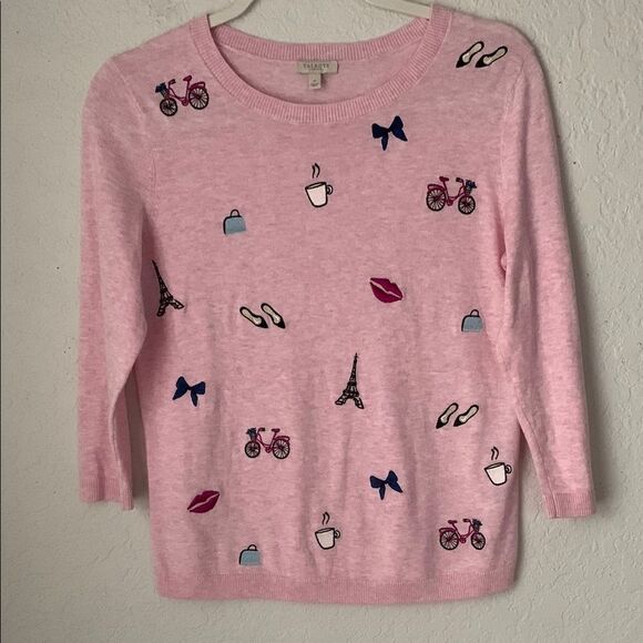 Talbots Pink Sweater Embroidered France Theme 3/4 Sleeve Size SP/2P - Picture 1 of 8